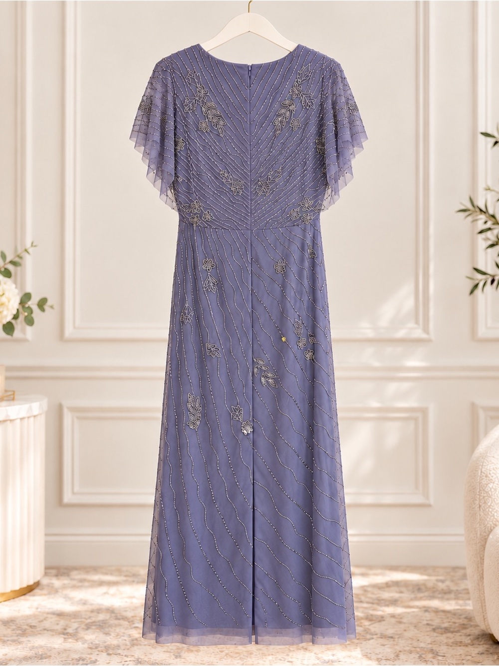 Adrianna Papell Beaded Flutter Sleeve Gown Dusty Lavender Gray Formal Dress - Picture 7 of 8